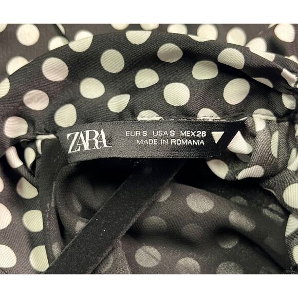 ZARA Dress Black With White Polka Dots, Neck Tie, Full Sleeves, Sz S - Picture 8 of 11